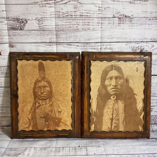 Set of 2 VTG. Chief Low Dog Lakota Oglala Sioux Prints on Wood Frames