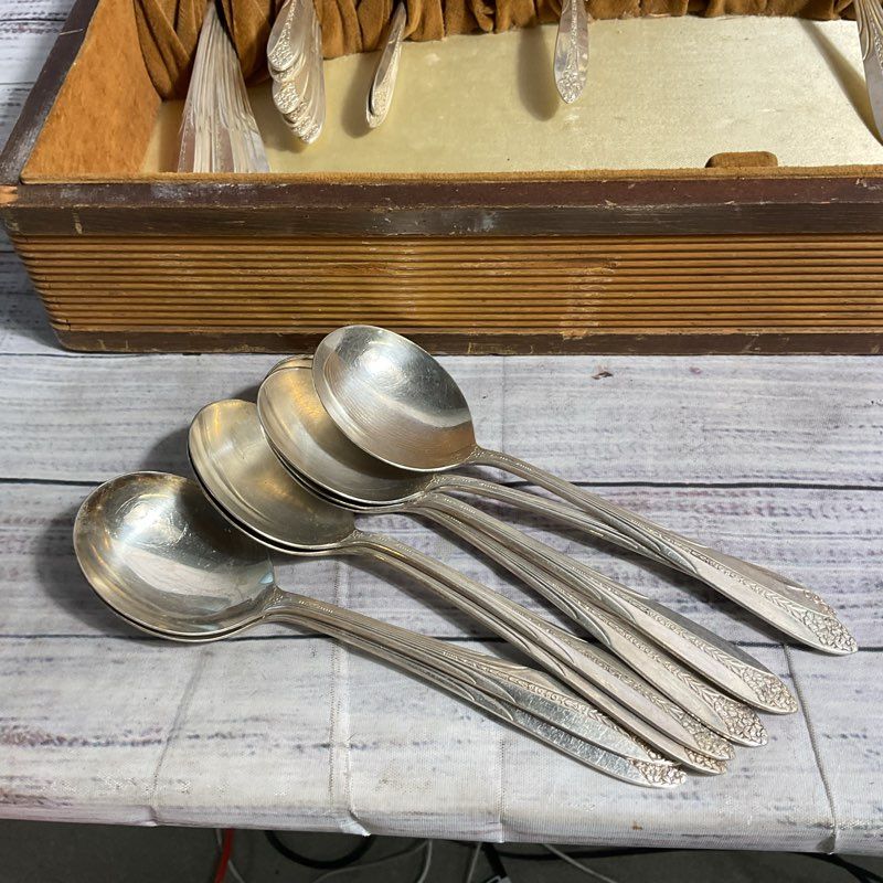 VTG National Silver Co 1930 Princess Royal 37 Pc Silver Plate Flatware Set+Case