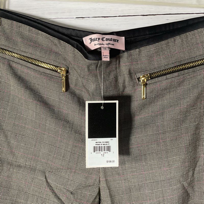 NWT Juicy Couture Prince of Wales Gray Check Pants w/ Black Side Stripe Size 12
