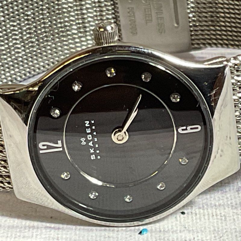 SKAGEN SKW2156 Women's Silver Tone Mesh Black Dial Rhinestone Watch