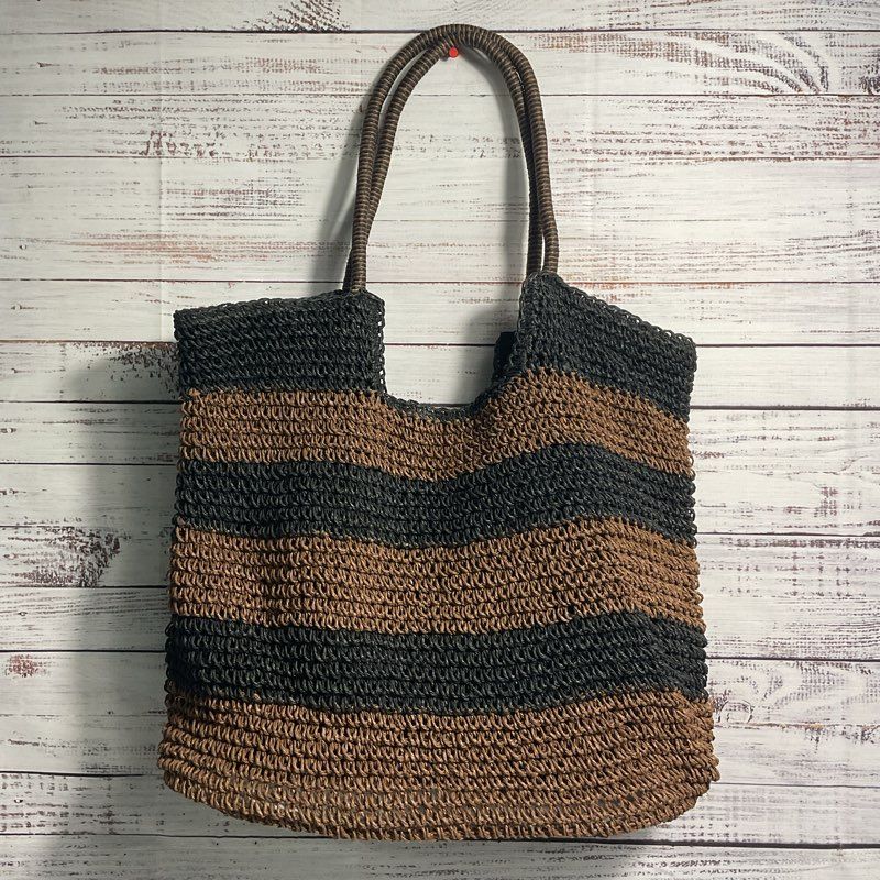 NWT Calia Straw Crochet Black & Brown Striped Large Tote