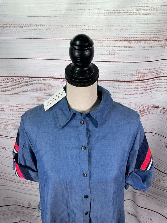 NEW Tanya Taylor Women's Button Up Blue Collared Top Short Sleeve Size 10