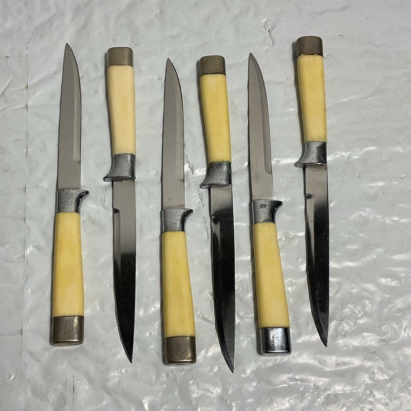 Set Of 6 Unbranded Vintage Silver Leaf Inlay Handle Steak Knives
