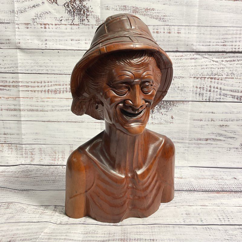 VTG. Hand Carved Wooden Elder Man Bust, Japanese? Sculpture