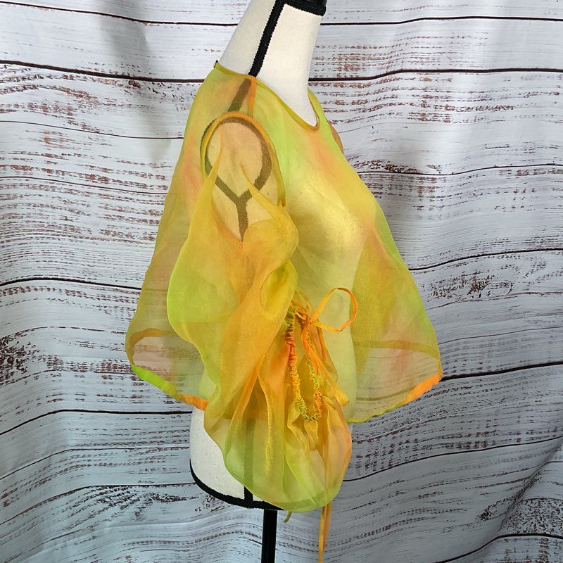 STAUD Women's Yellow/Orange Organza Peplum Rouched Sleeves Blouse- SZ 4