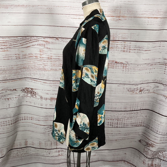 Citron Santa Monica Black Uchiwa Fan Pattern Silk Button Up Shirt - Size S