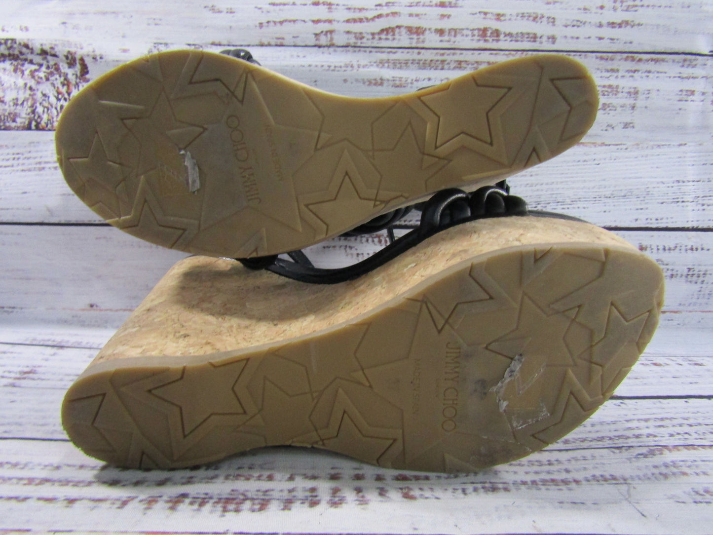 Jimmy Choo Diosa Women's Black Leather Espadrille Wedge Sandals Made in Spain