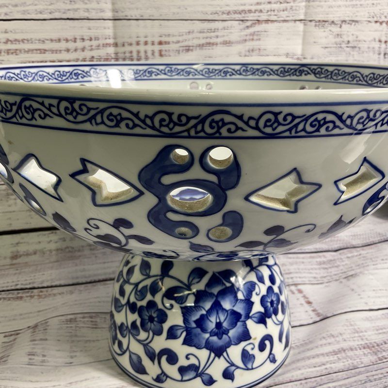 VTG. BOMBAY Blue White Pierced Pedestal Bowl- 8" x 11"