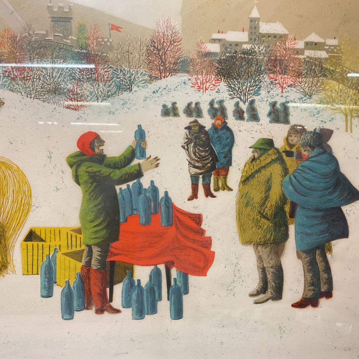 Sergio Agostini Woman Selling Drink Bottles In Snow Print Litho Signed 97/200