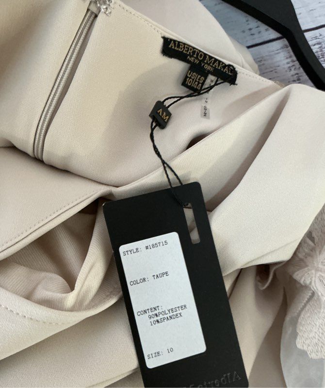 NWT Alberto Makali Taupe Formal Dress w/Applique Sleeves Size 10 Retail $458
