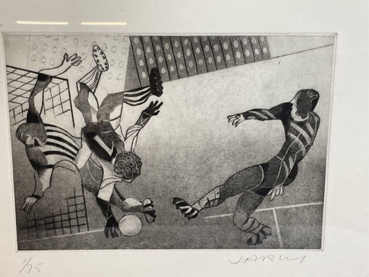 VTG. Signed ROLAND JARVIS "Soccer" Drypoint on Steel Etching Print