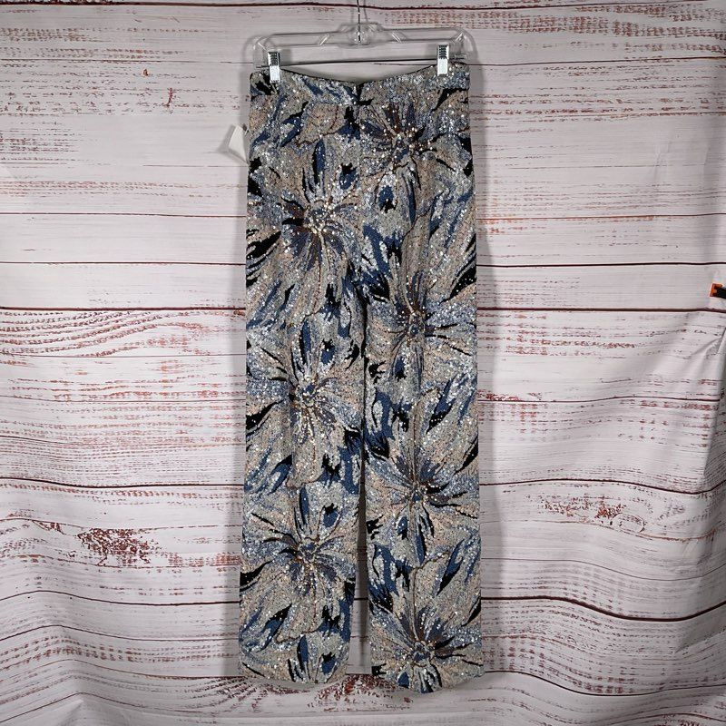 NWT Badgley Mischka Silver & Blue Floral Sequined Wide Leg Pants - Size M