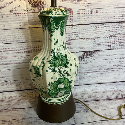 ANTIQUE DELFT???? Hand Painted Green Floral Porcelain and Brass Lamps- 28"