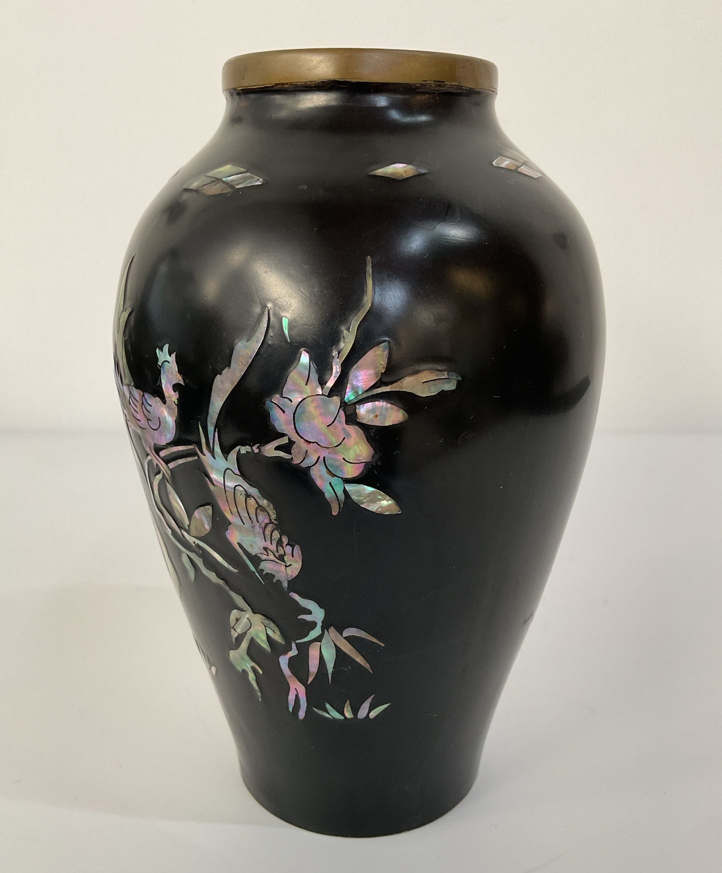 Vintage Brass Black Lacquer Floral Bird Motif Mother of Pearl Inlay Vase