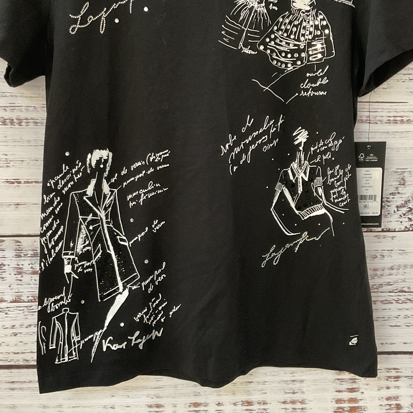 NWT KARL LAGERFELD Paris Women's Black Embellished Print T-Shirt- SZ S