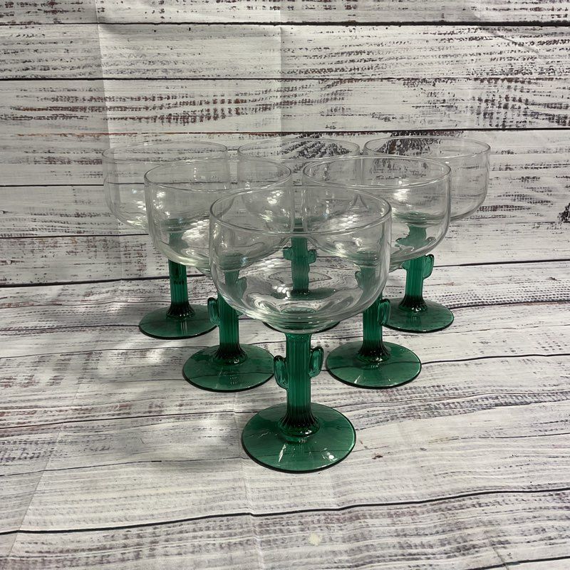 Libbey Glass 6.5" Cactus Shaped Green Stem 16 Oz Margarita Glasses Set of 5