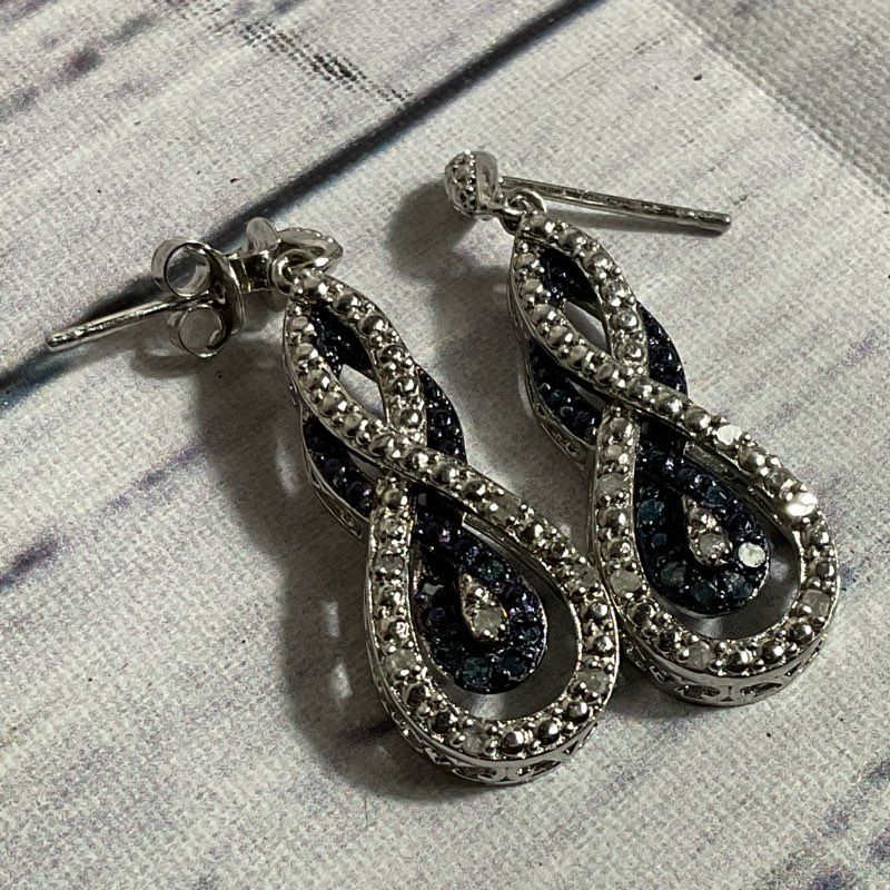 VTG. FAS Silver Time Diamond & Sapphire Accent Dangle Earrings- 1.25"