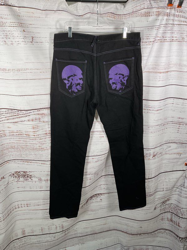 By Slik Skull Prayer Black Denim Jeans Black & Purple Goth Street Wear Size 34