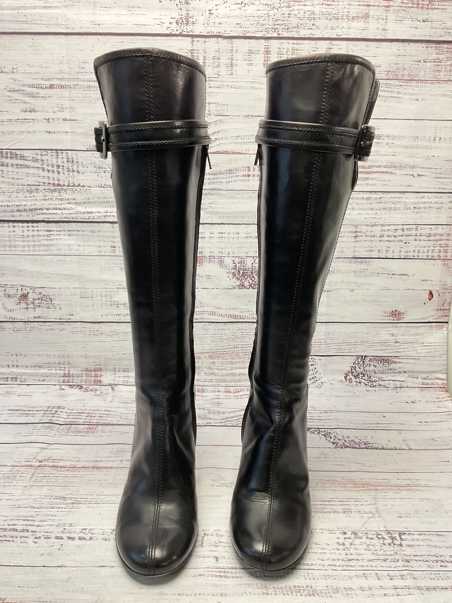 Hugo Boss Black Leather Side Zip Knee High Tall Boot Heel Women 6.5