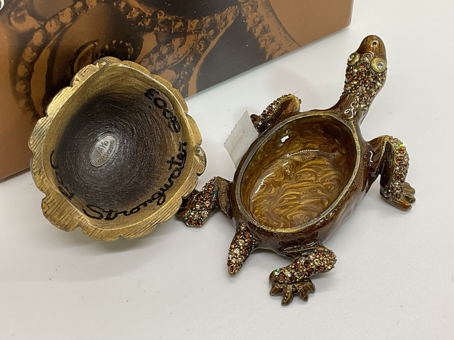 JAY STRONGWATER Brown Golden Brown Amber & Clear Crystals Turtle Trinket Box 3”