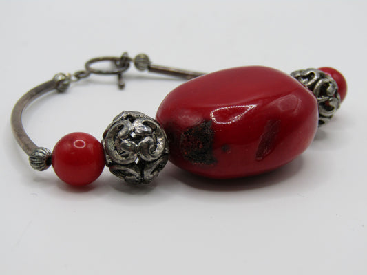 6" Red Coral Sterling Silver Clasp Toggle Bracelet