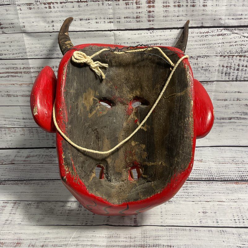 Vintage Wooden Hand Carved And Painted Red Diablo Mask Art W/ Real Animal Horns
