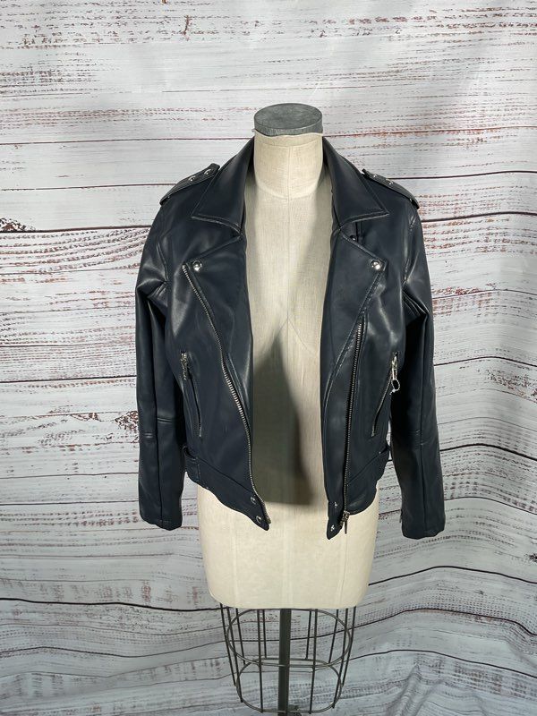 Women's Blank NYC Metallic Blue Biker Jacket Polyester - Size L