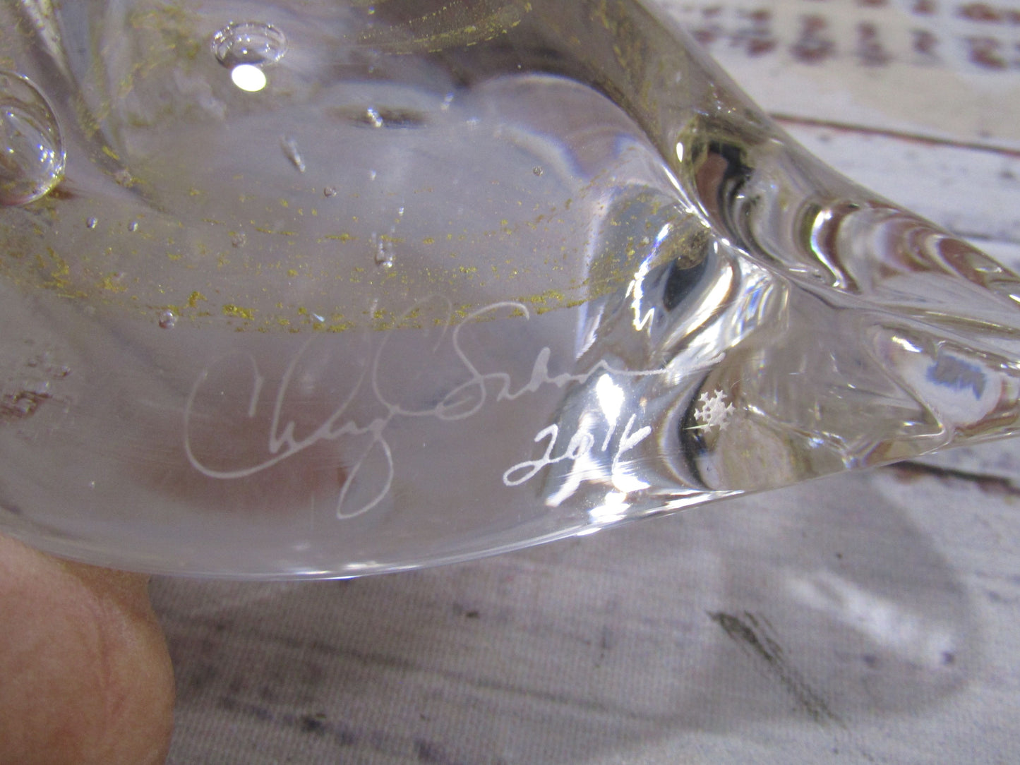 2016 Artist Signed Handblown Glass Gold Fleck Heart Paperweight