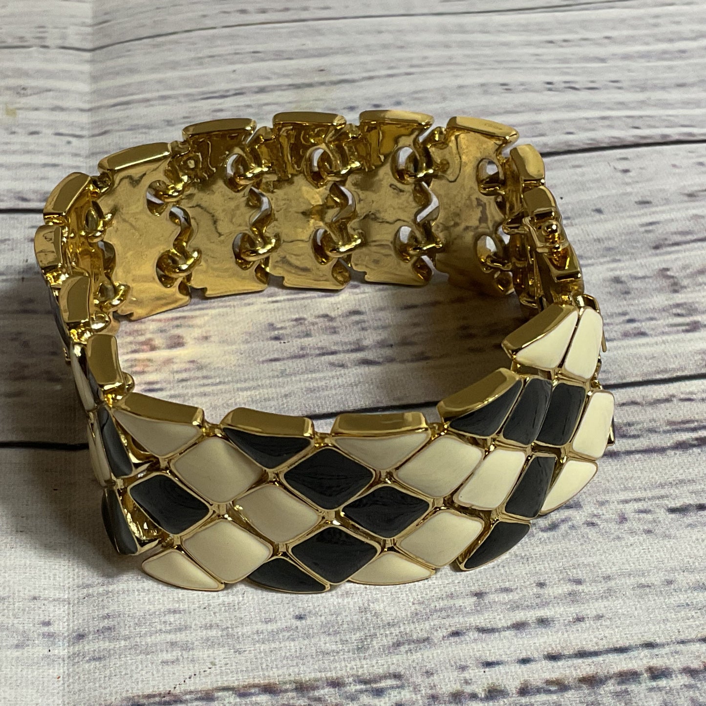 TRINA TURK Gold Tone White/Black Enamel Wide Bracelet
