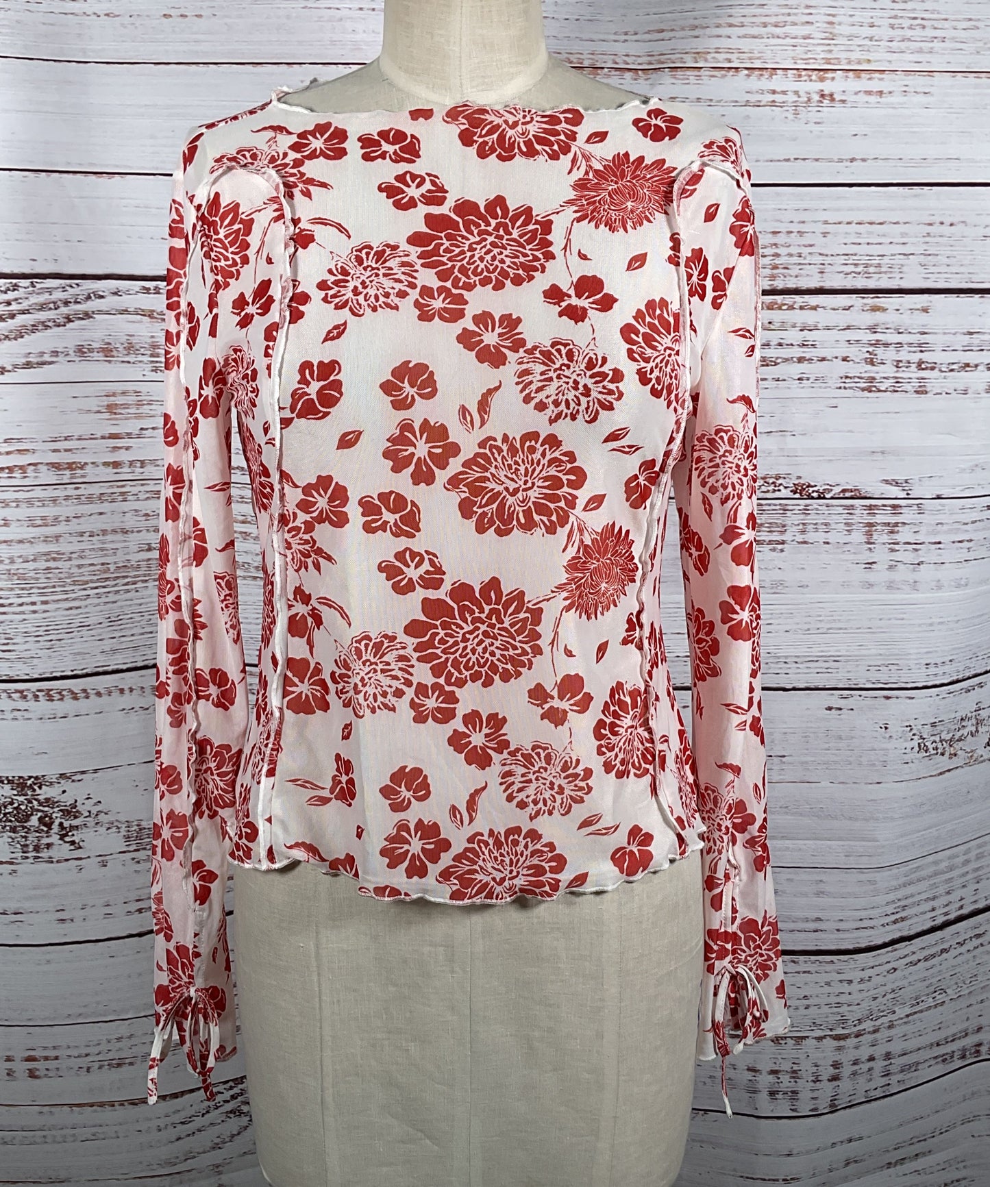 Mango Floral Print Long Sleeve Shirt Red White L