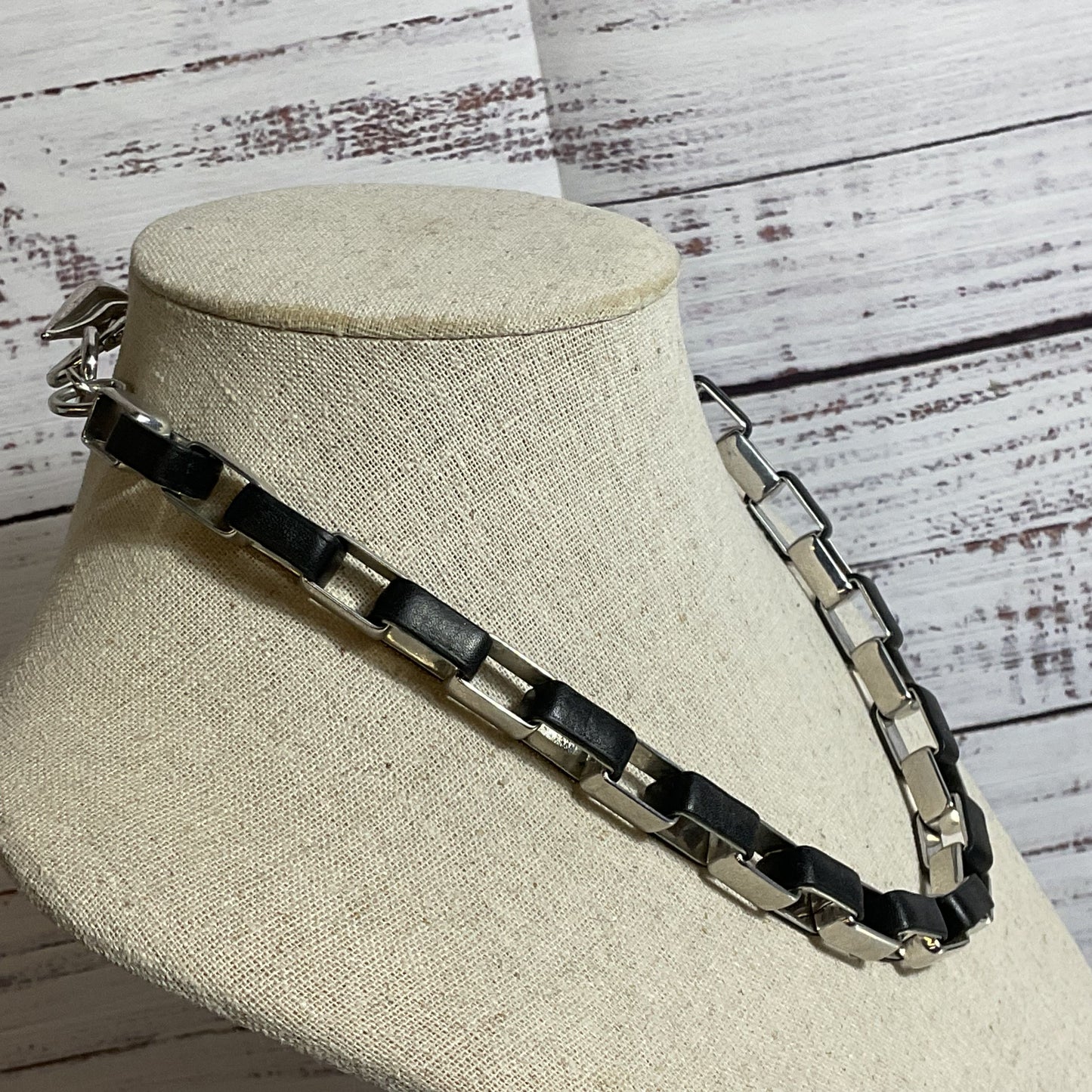 DIANE VON FURSTENBERG Silver Tone & Black Leather Wrapped Link Necklace- 20.5"