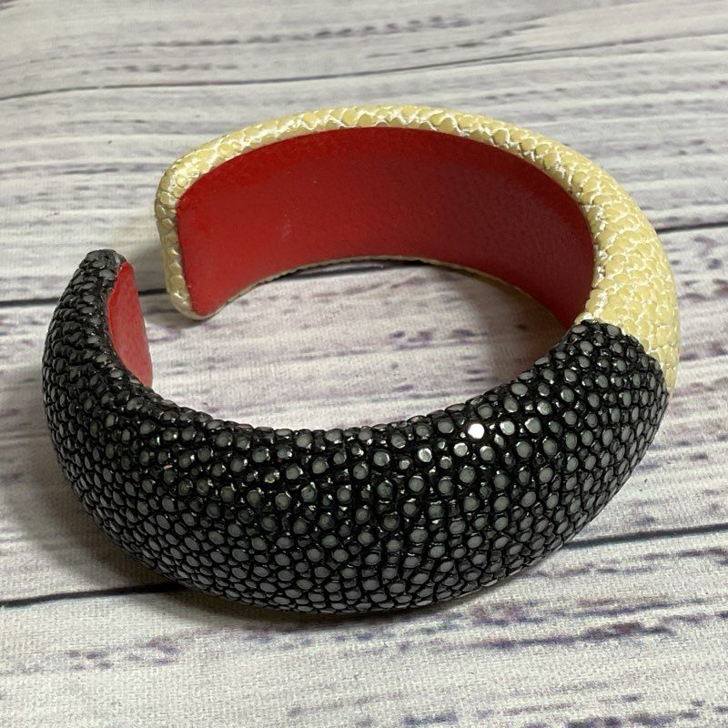 DANNIJO Loma Women's Black/Ivory Stingray Textured Leather Cuff Bracelet- 6"