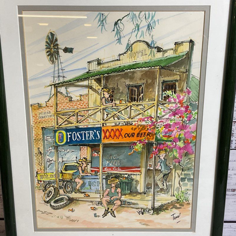 Signed VTG. Watercolor Cowboy Beer Artwork- FRAMED 18" X 14.5"