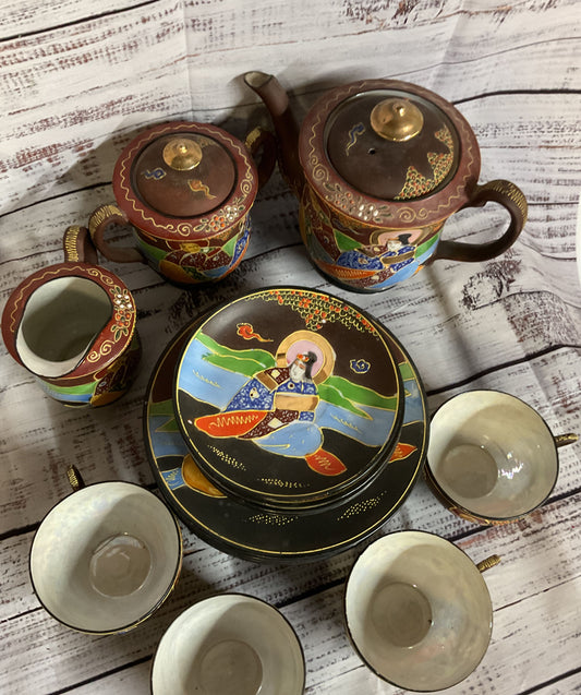 Vintage Japanese Satsuma Moriage Tea Set Cups Saucers Teapot Plates 16Pcs