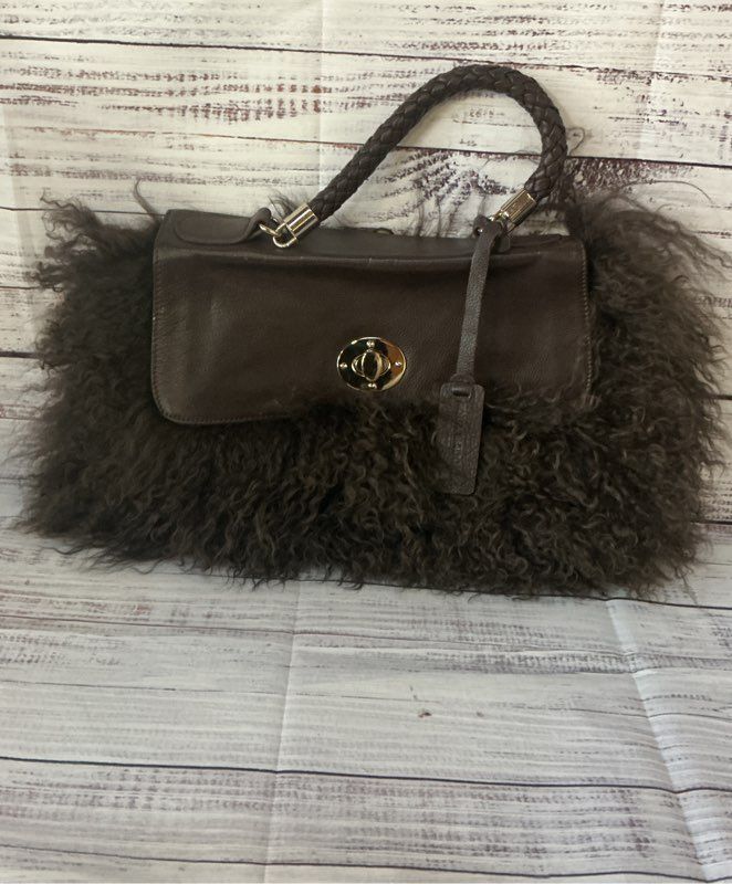 NWT Women's Aqua Madonna Brown Faux Fur and Leather Handbag