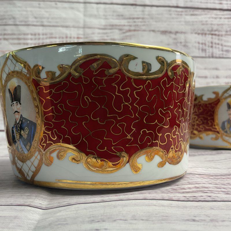 Mozaffar Ad Din Shah Qajar Portrait 2 Pc Persian Porcelain Ashtray/Pipe Rest Set
