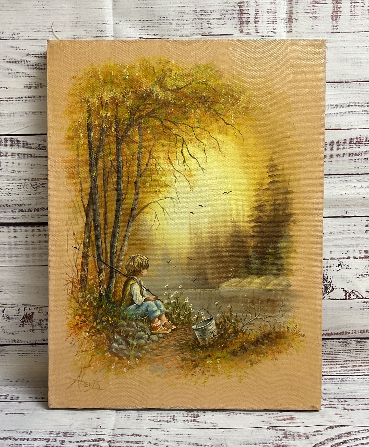 Set of Two Vintage Painting Boy and Girl by the Creek by Gloria Abeyta Signed.