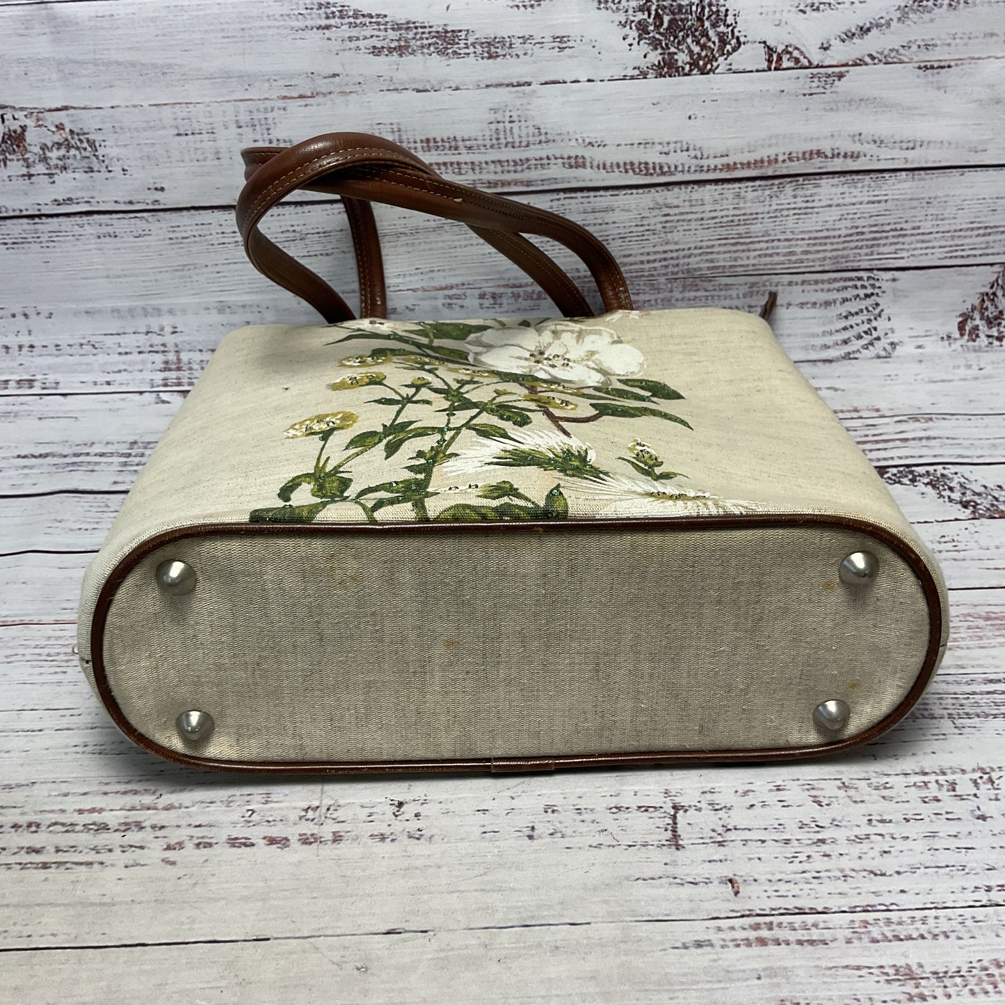 Isabella Fiore Floral Print Rhinestone Canvas Leather Tote Purse 11"x4"x11"