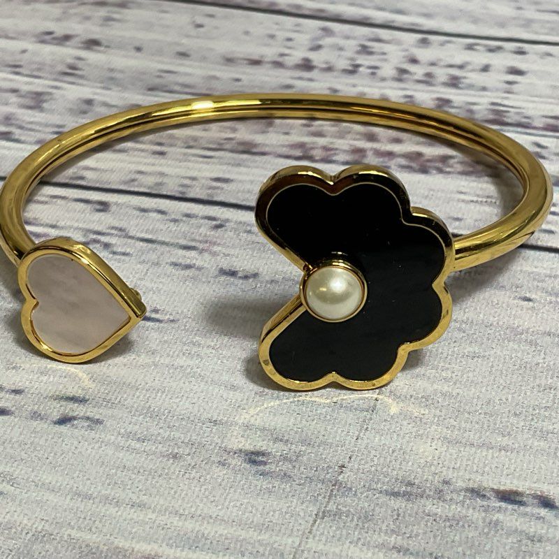 KATE SPADE Gold Tone Onyx, Mother of Pearl and Faux Pearl Cuff Bracelet