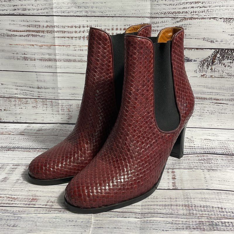 Stephane Kelian Burgundy Woven Leather Pump Heel Ankle Boot Women's 7.5 US/38 EU