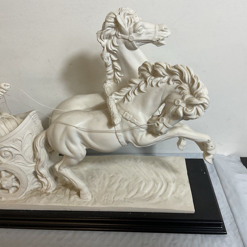 VTG. Signed A. SANTINI Roman Chariot Gladiator Horses Sculpture- 16.5" x 11.5"