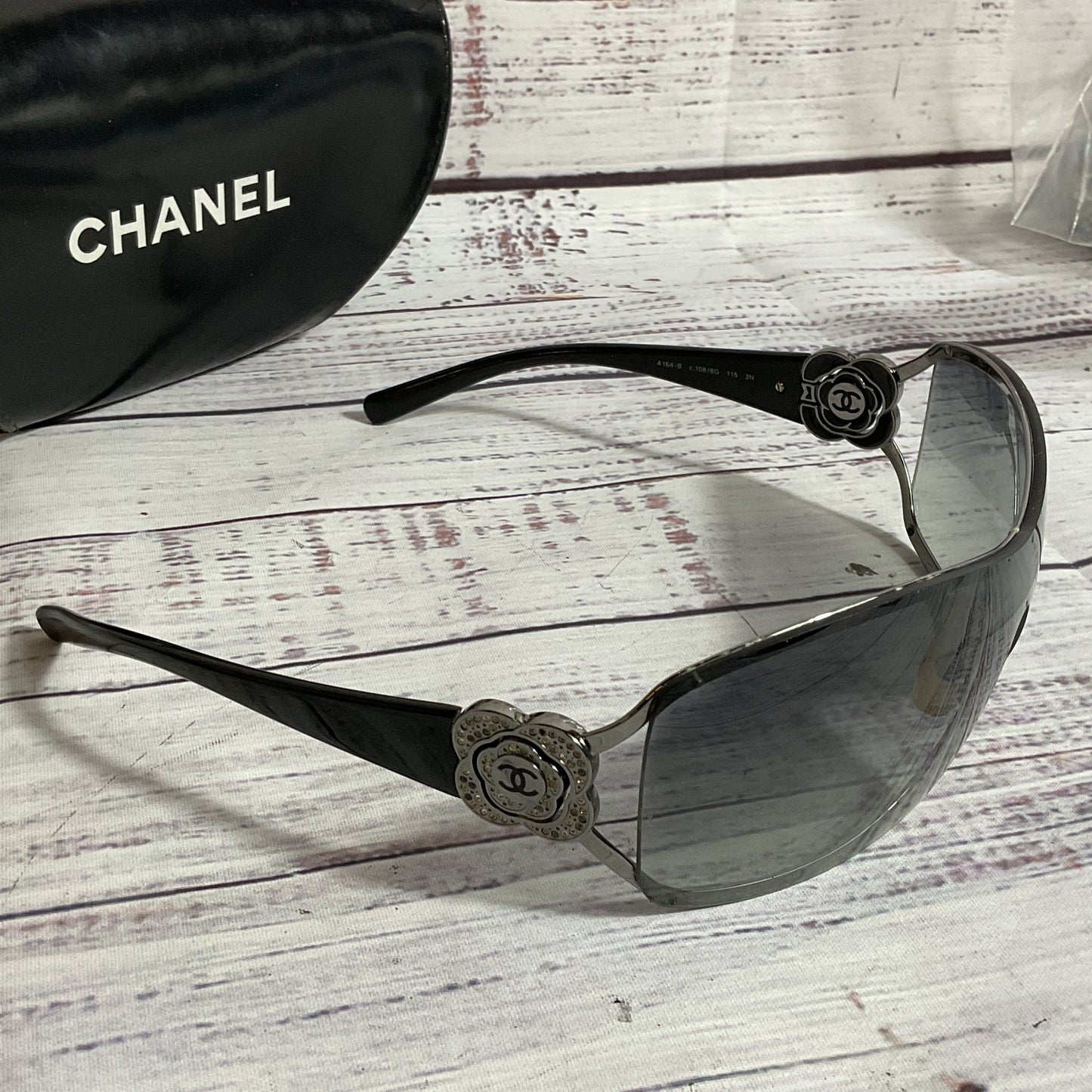 CHANEL 4164-B Camillia Shield Womens Black Crystal Sunglasses (MISSING CRYSTALS)
