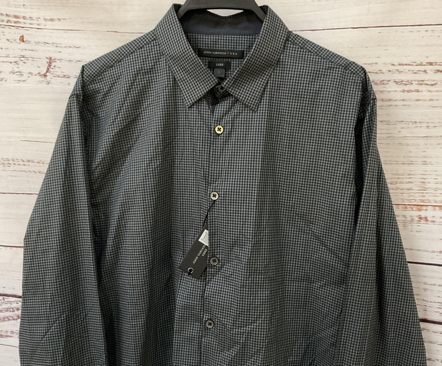 John Varvatos Men's Gray Gingham Cotton Blend Button Down Shirt Size L