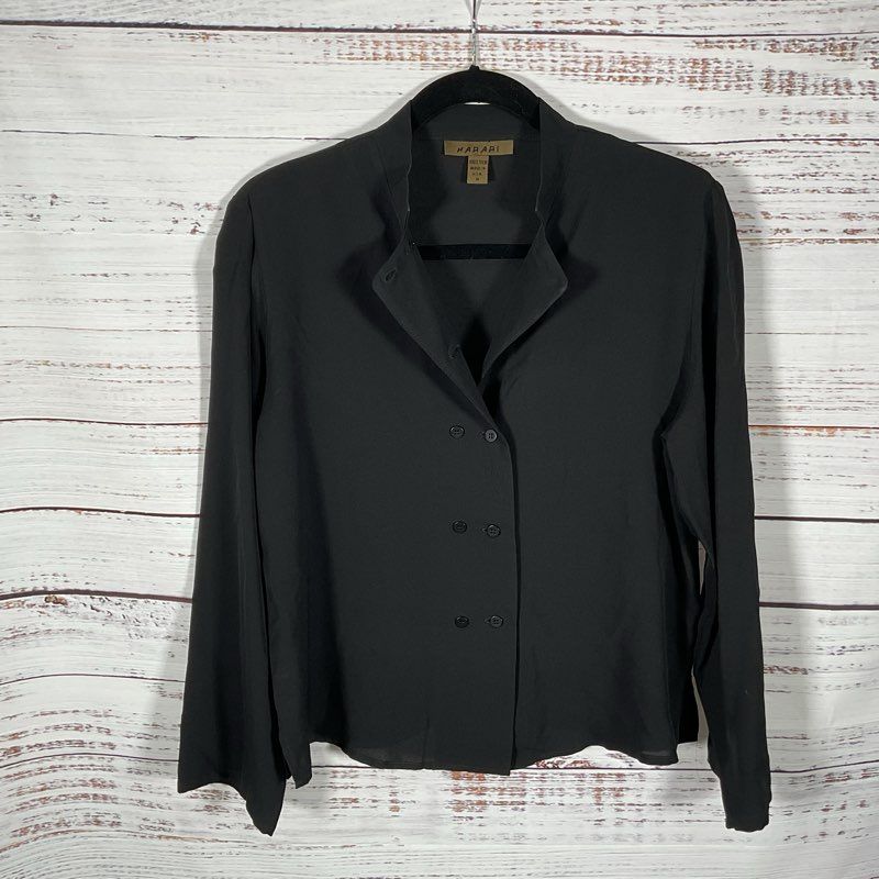 Harari 100% Silk Black Mandarin Collar Blouse - Size M