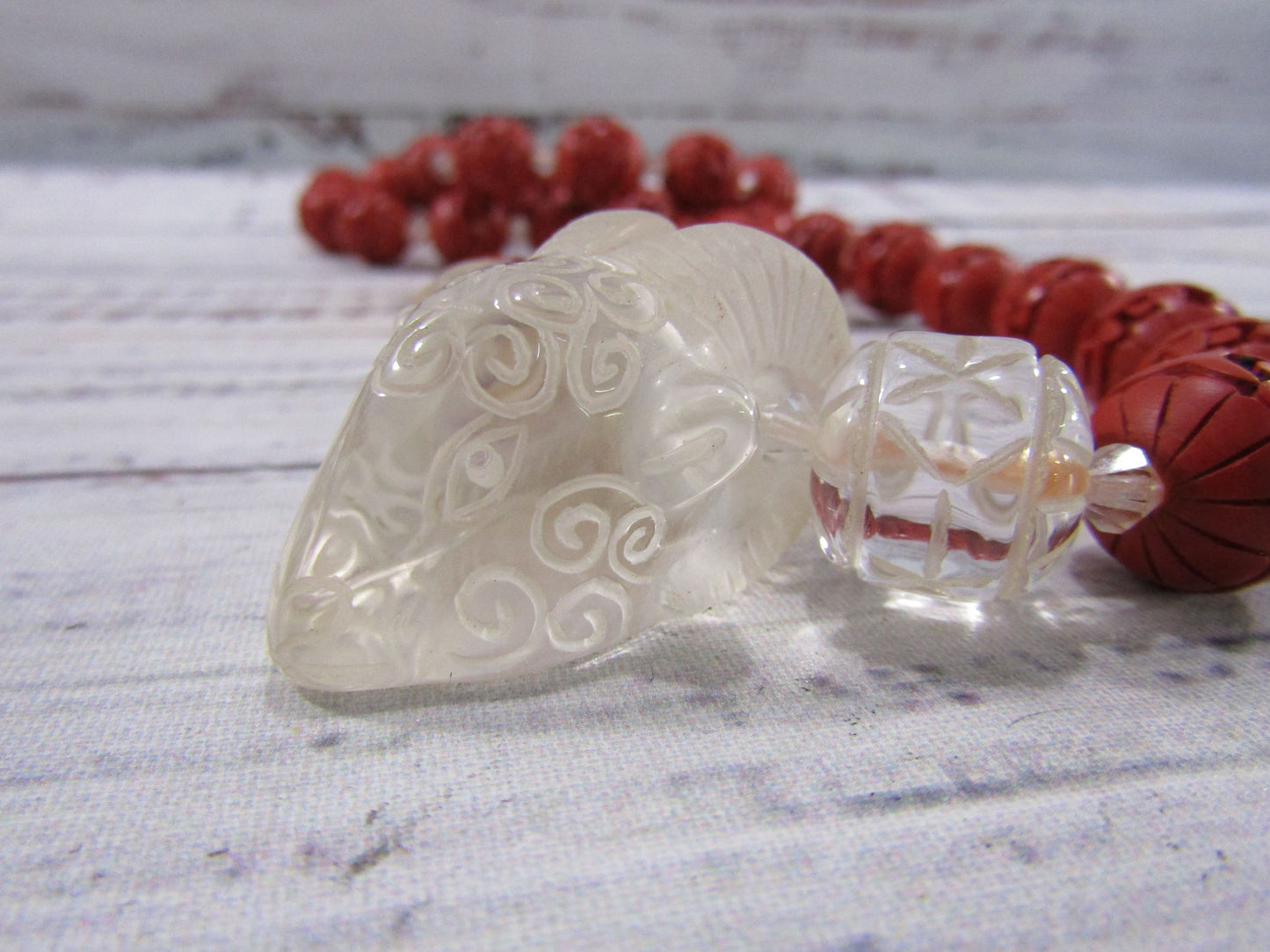 Handcrafted Chinese Year of The Goat Beaded Cinnabar Glass Goat Pendant Necklace