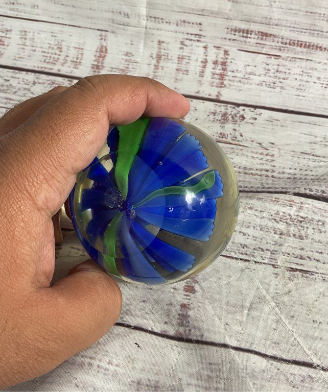 Vintage Blue Blossom Flower Paperweight Green Bottom Floral Glass