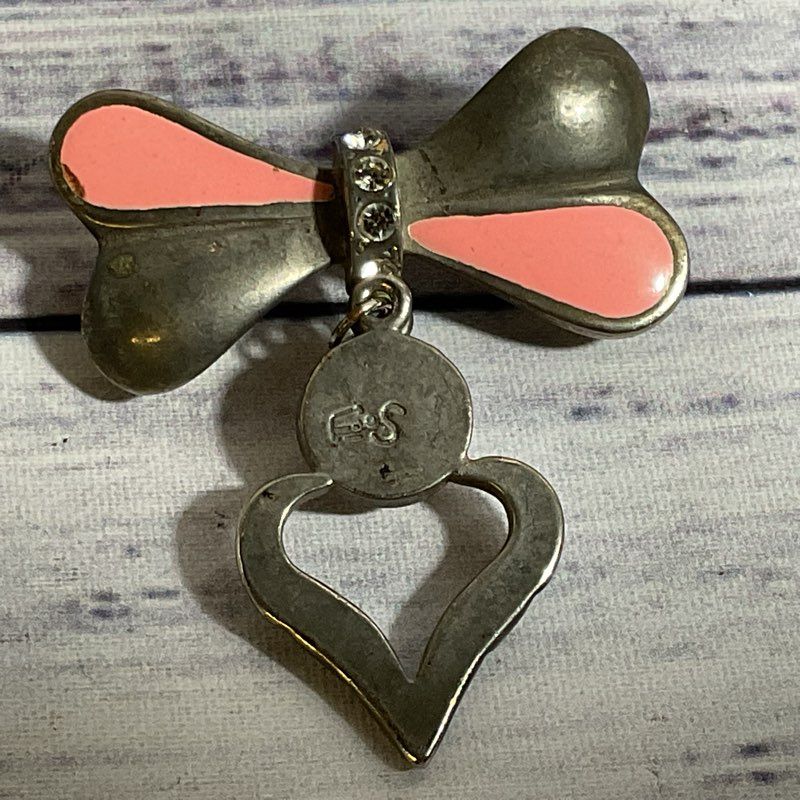 Signed VTG. ES Silver Tone & Enamel Bow & Heart Brooch- 2"