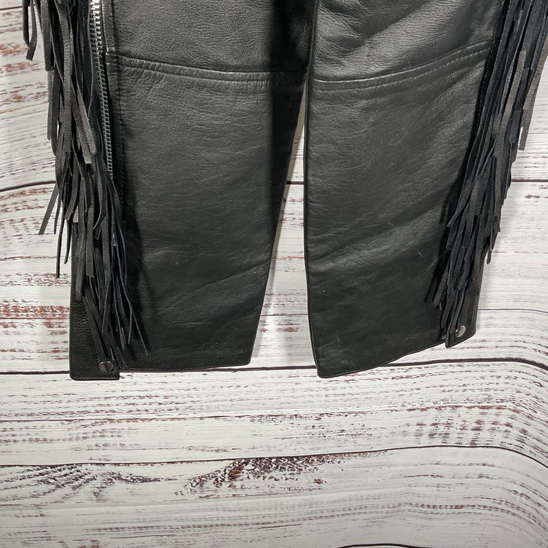 VTG. Route 66 Black Leather Tasseled Motorcycle Chaps Pants - Size XS