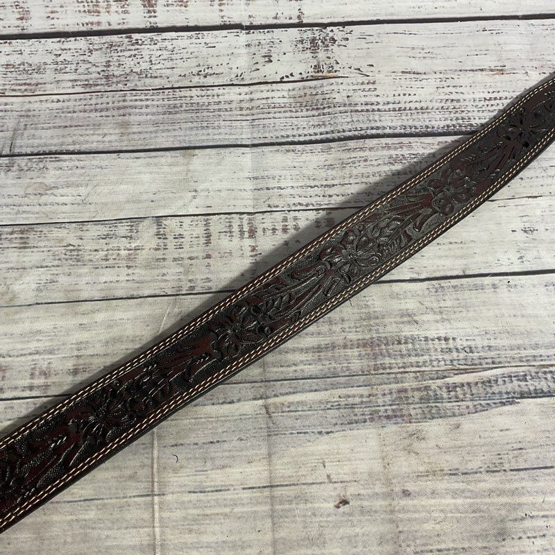 Montana Silversmiths Dark Brown Embossed Leather Cowboy Belt sz 32 *NO BUCKLE*