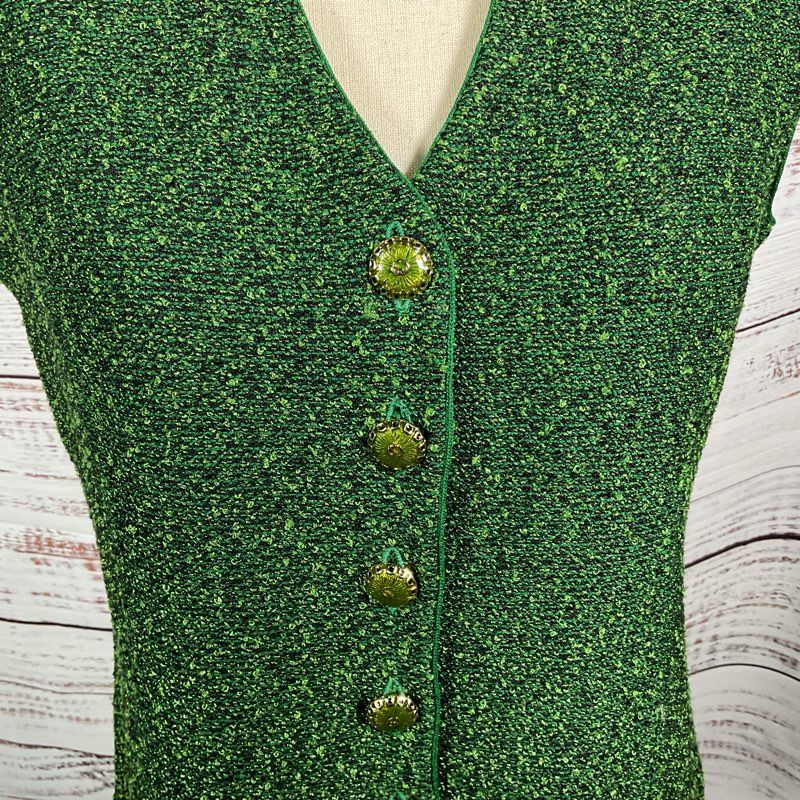 St. John Green Knit Button Front Preppy Vest - Size 6